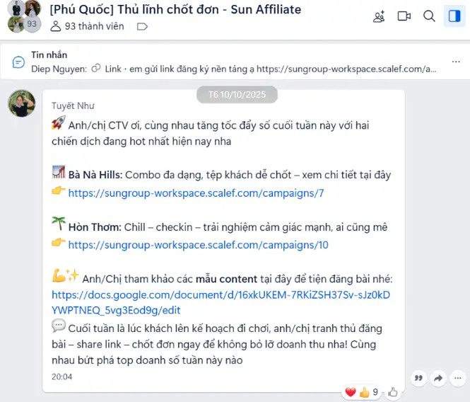 Hoạt động cộng đồng Sun World Affiliate trên Zalo